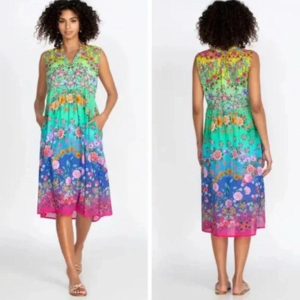 Johnny Was Green and Blue Floral Midi Dress
